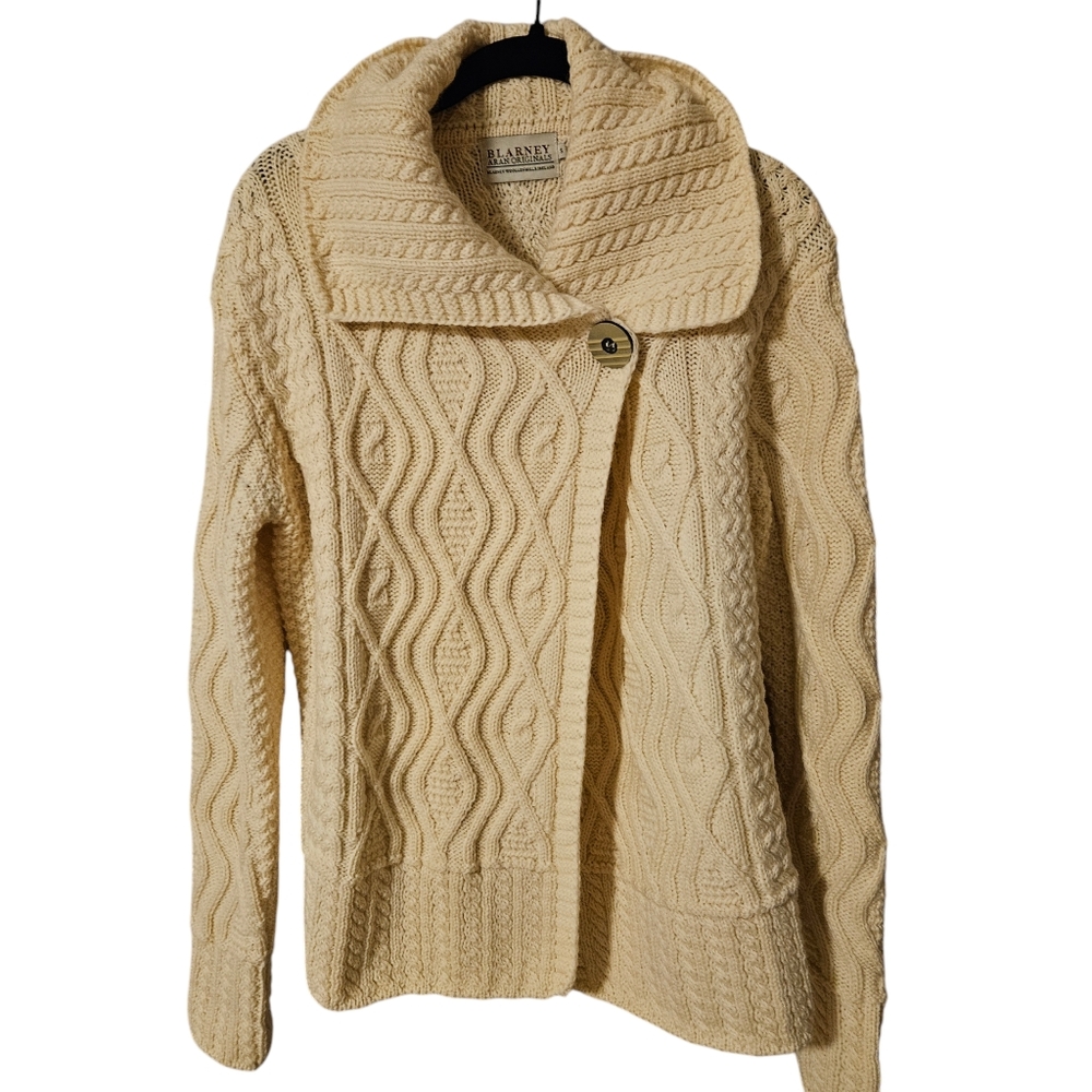 Blarney Aran Irish fisherman cable knit cream sweater, 100% Merino wool, S